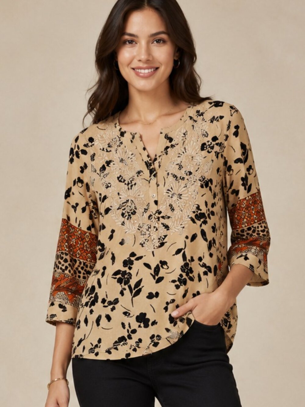 John Mark M Tan Black Floral Embroidered Mixed Print Boho Blouse 3/4 Sleeve